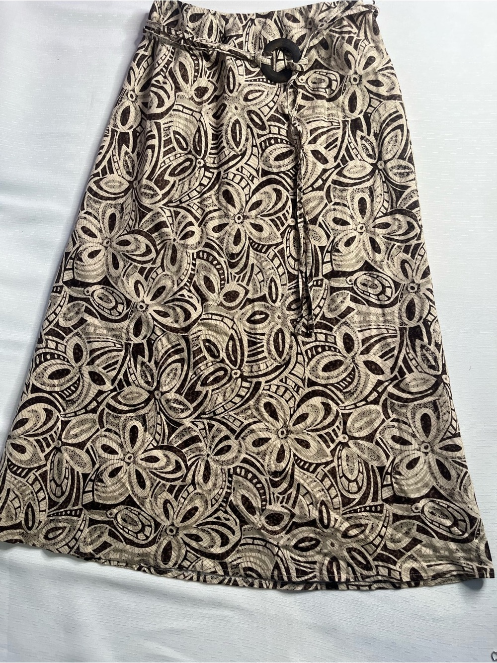 Christopher & Banks Patterned Beige and Black Midi Skirt with Waist Tie